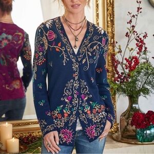 IVKO Wool Cardigan Embroidered Floral Knit 2 Snap Front Boho Size 36 Kiara